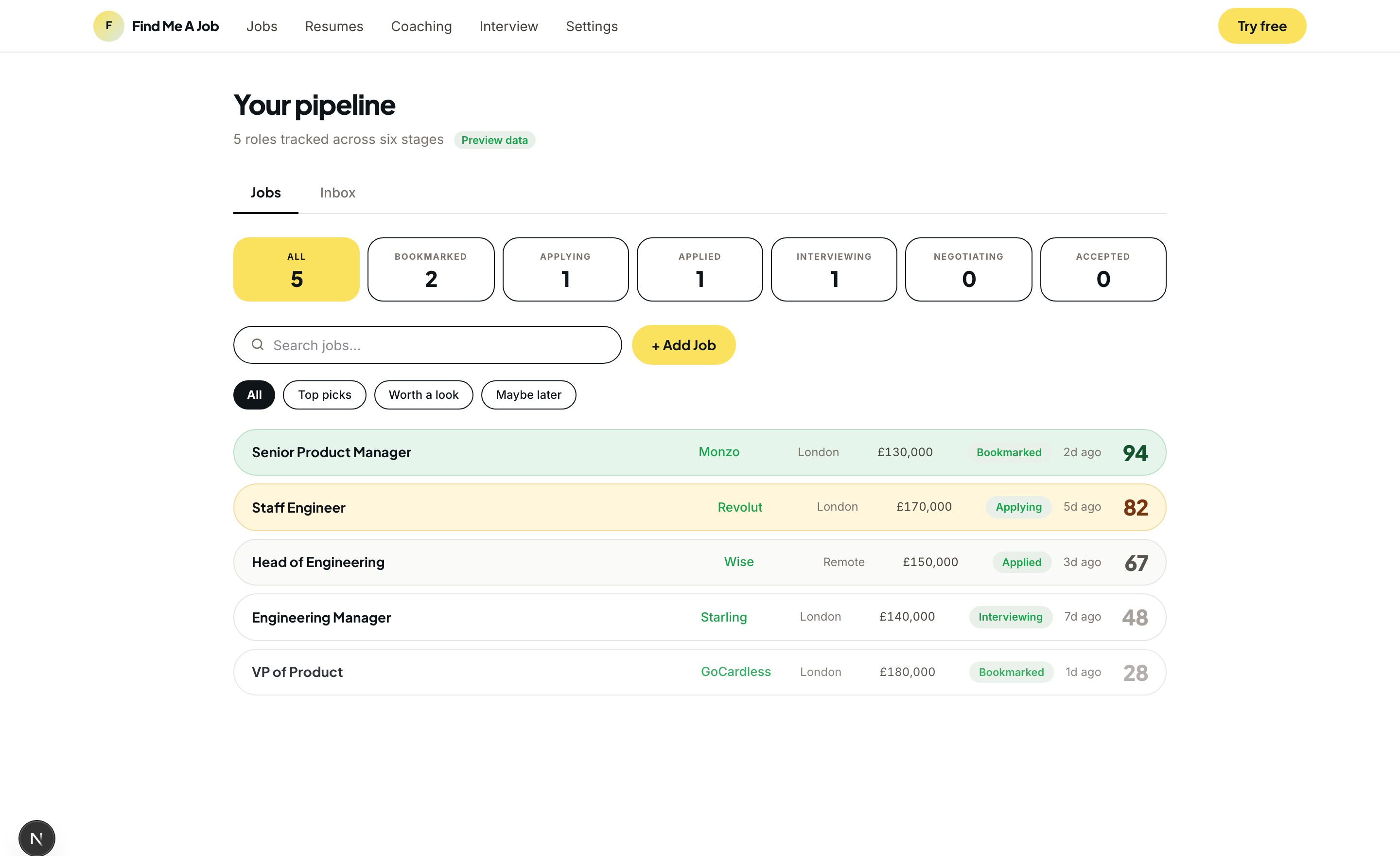 Your pipeline view in Find Me A Job -- five tracked roles with mint, amber, and grey row bands by score